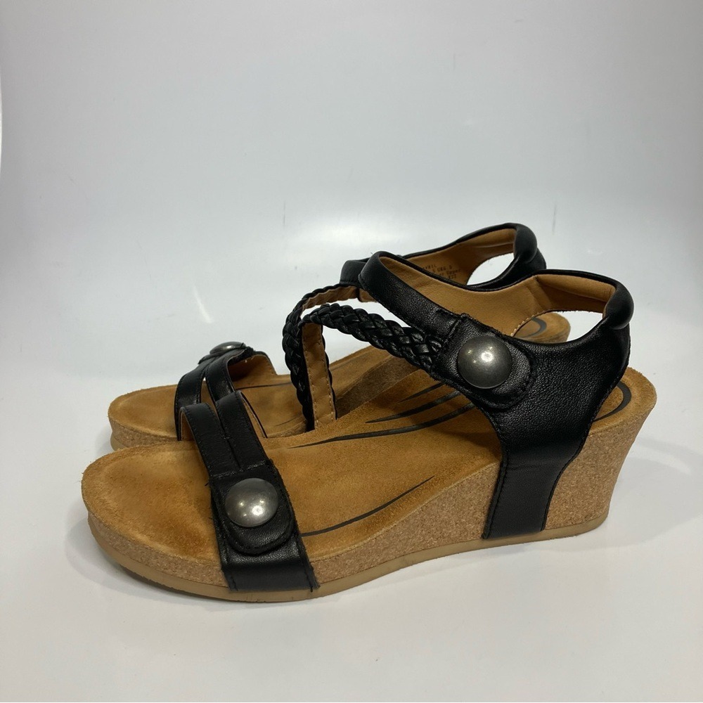 Aetrex Avril quarter strap wedge sandals black braided leather women's size 8.5 - Picture 4 of 9